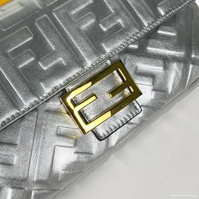 Cheap HOT Medium Motif Silver Fendi Leather FF Nappa Baguette In Bag 0707